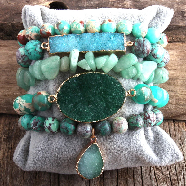 RH Mode Designer Boho Druzy Steine Perlen Armband Natürliche Stein Druzy Charms 5pc Armbänder Sets Für Frauen Geschenk DropShip