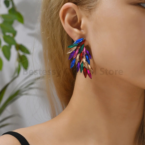 Bunte Feder Piercing Stud Ohrringe Vintage Luxus Strass