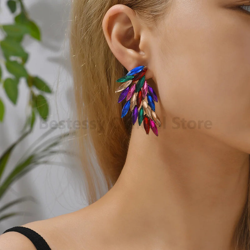 Bunte Feder Piercing Stud Ohrringe Vintage Luxus Strass